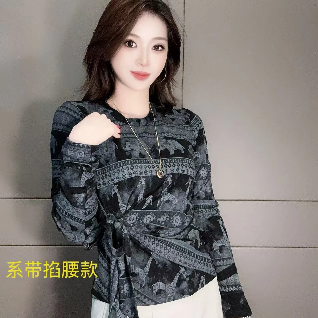2025秋冬新款 气质设计感满印长袖打底内搭收腰绑带上衣#601