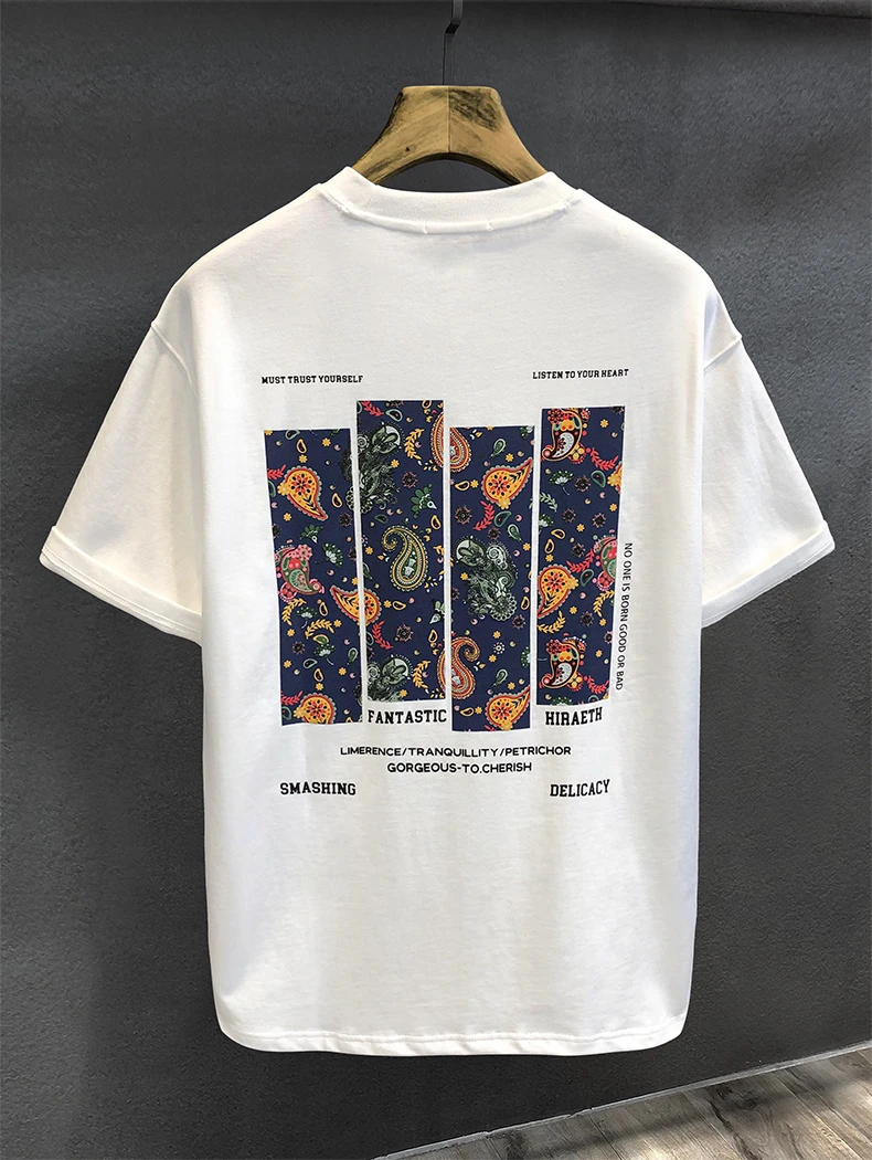 2025新款复古腰果花设计纯棉重磅短袖T恤男款夏季体恤男美式上衣