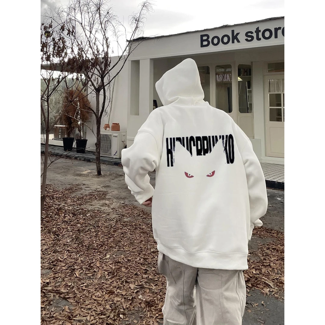 男士连帽白色卫衣美式高街春秋大码300斤宽松潮牌恶魔眼印花帽衫