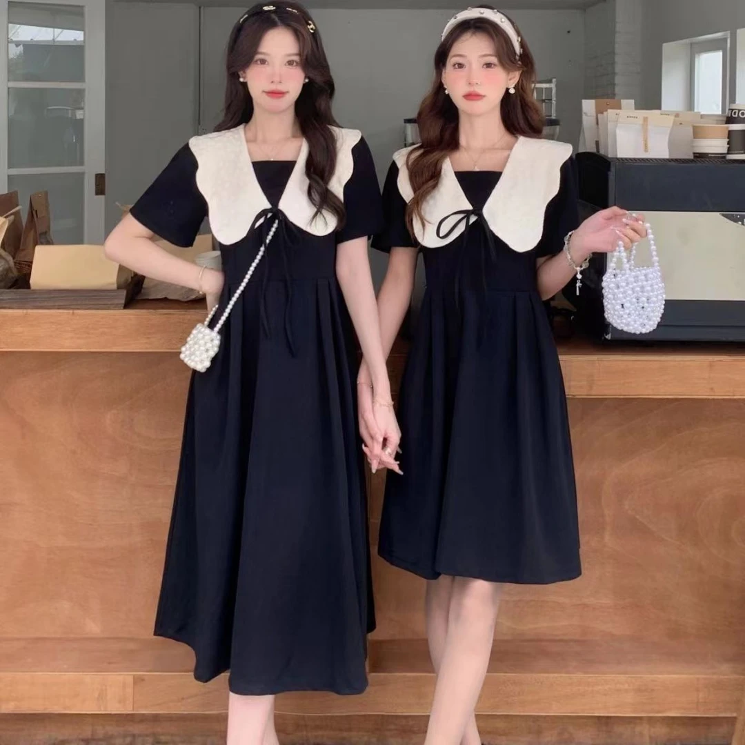 2025夏新款初恋裙胖大码法式复古荷叶领名媛遮肉减龄收腰连衣裙