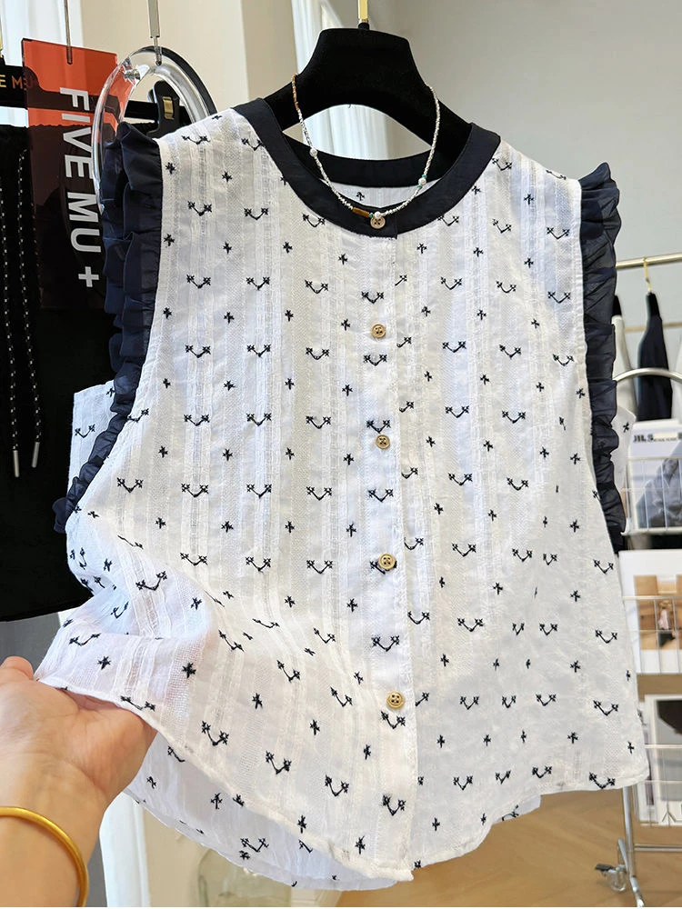 小衫上衣女2025夏季新款韩系木耳边小飞袖重工刺绣无袖背心外穿女