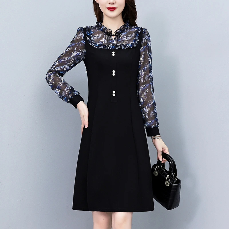 休闲宽松雪纺印花假两件套大码女装胖mm胖妹妹长袖连衣裙春秋新款