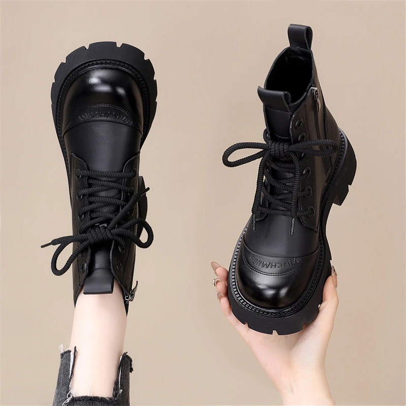 【米兰设计师】英伦风厚底真皮短靴女新款秋冬季休闲百搭短靴系带