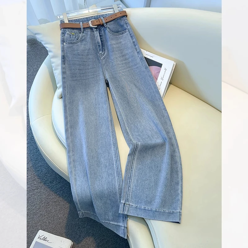 拉夏贝尔浅色九分直筒牛仔裤女夏季2025新款高腰小个子窄版阔腿裤