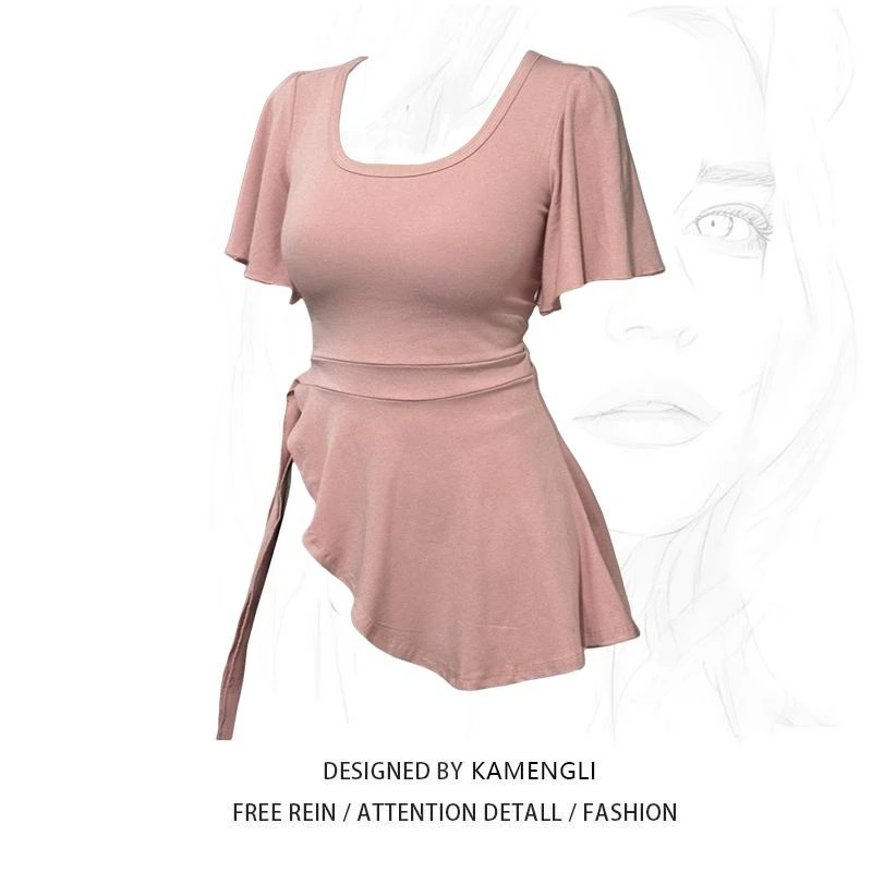 大码微胖mm纯欲风不规则显瘦掐腰上衣服设计感绑带高腰短袖t恤女2