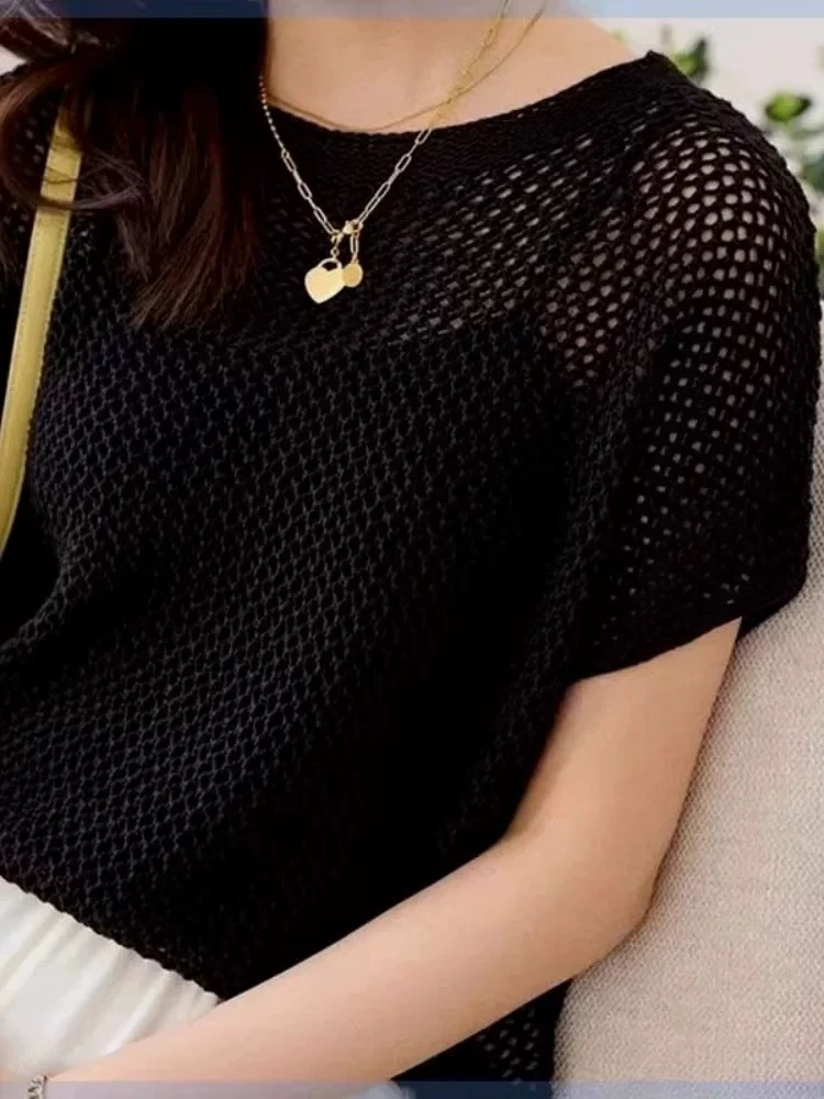 夏季新款冰丝针织衫宽松蝙蝠衫短袖大码女装套头薄款亮丝上衣女装