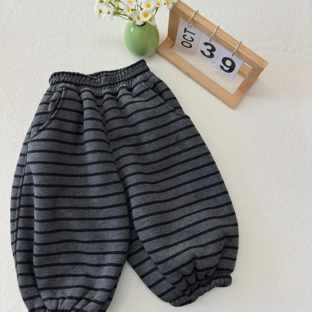 冬季羊羔绒条纹裤小童男童经典洋气加绒