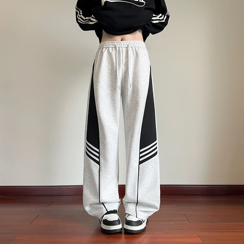 重磅条纹运动卫裤男生美式潮牌宽松直筒休闲垂感阔腿长裤