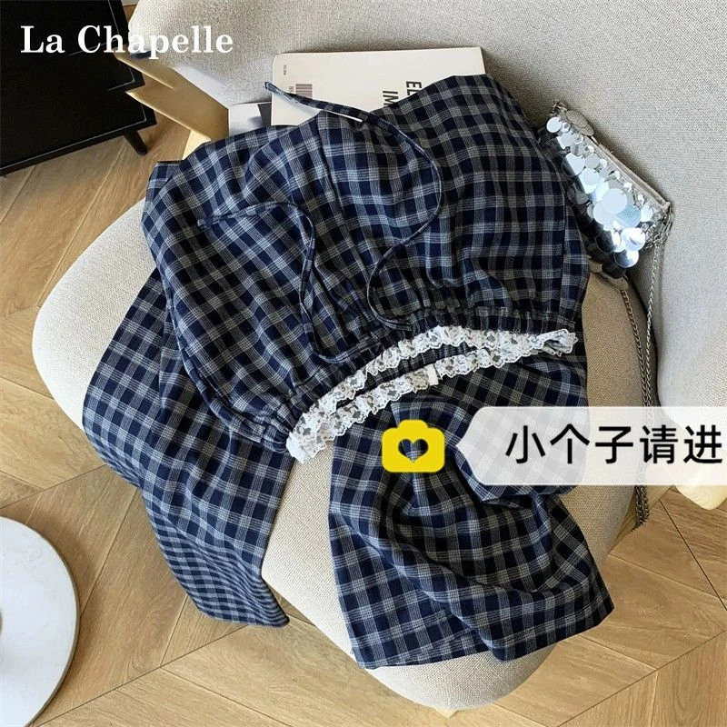 拉夏贝尔蕾丝拼接格子阔腿裤女秋季2025小个子高腰垂感松弛遛弯裤