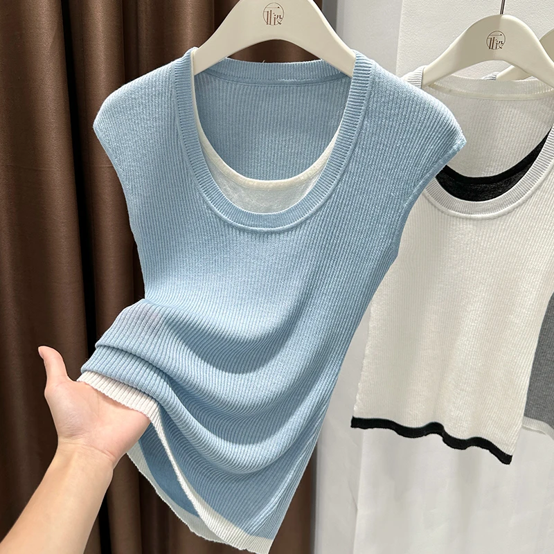 蓝白撞色圆领时髦打底衫女秋季新款飞飞袖假两件上衣修身短袖T恤