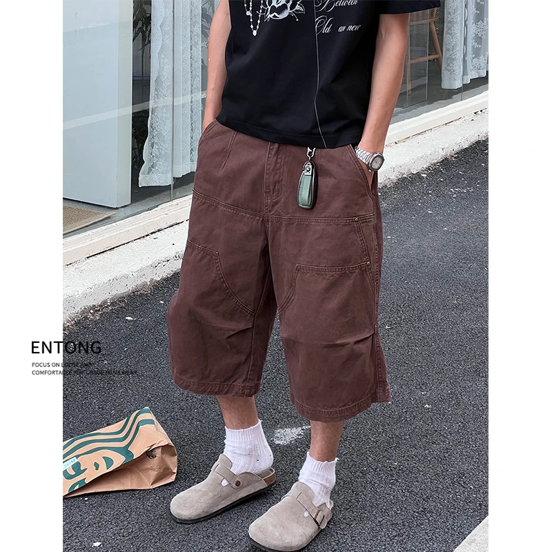 Entong美式潮牌拼接百搭复古宽松阔腿七分工装休闲裤男生直筒裤子