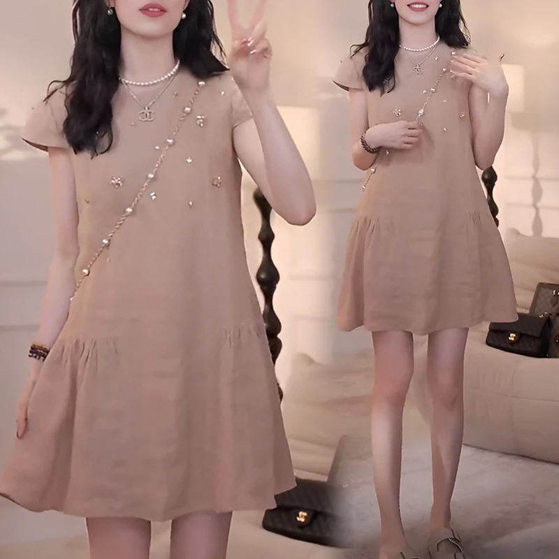 高级感拼接钉珠时尚飞飞袖连衣裙女宽松显瘦设计感气质减龄中裙子