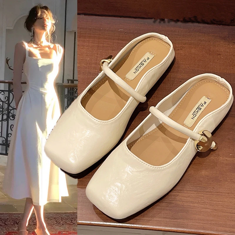 包头半拖鞋女外穿2025春夏新款网红复古时尚平底配裙子单鞋