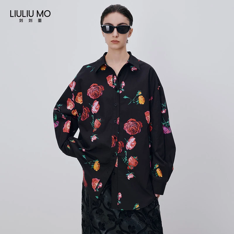 刘刘墨时尚小众复古满身玫瑰花海浪漫奢华松弛感百搭棉质衬衫