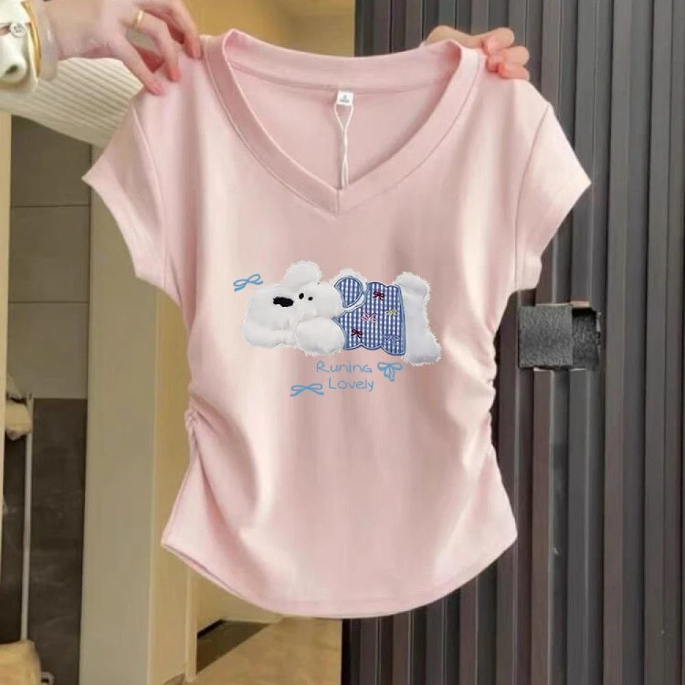 100%纯棉2025新款V领褶皱短款T恤女春夏天蓝色修身上衣