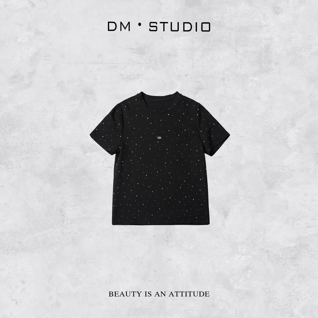 -DM•STUDIO/小众气质高级满天星烫钻短袖圆领上衣T恤（81327）