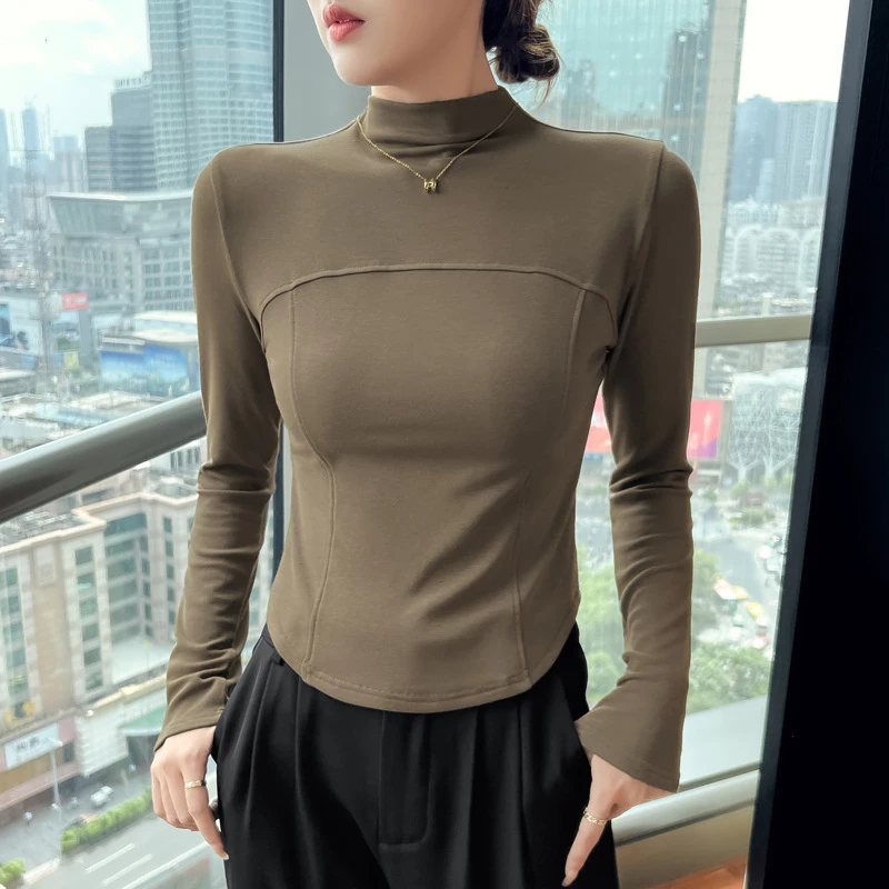 欧货爆款德绒半高领打底衫女内搭长袖t恤秋冬季新款洋气紧身上衣