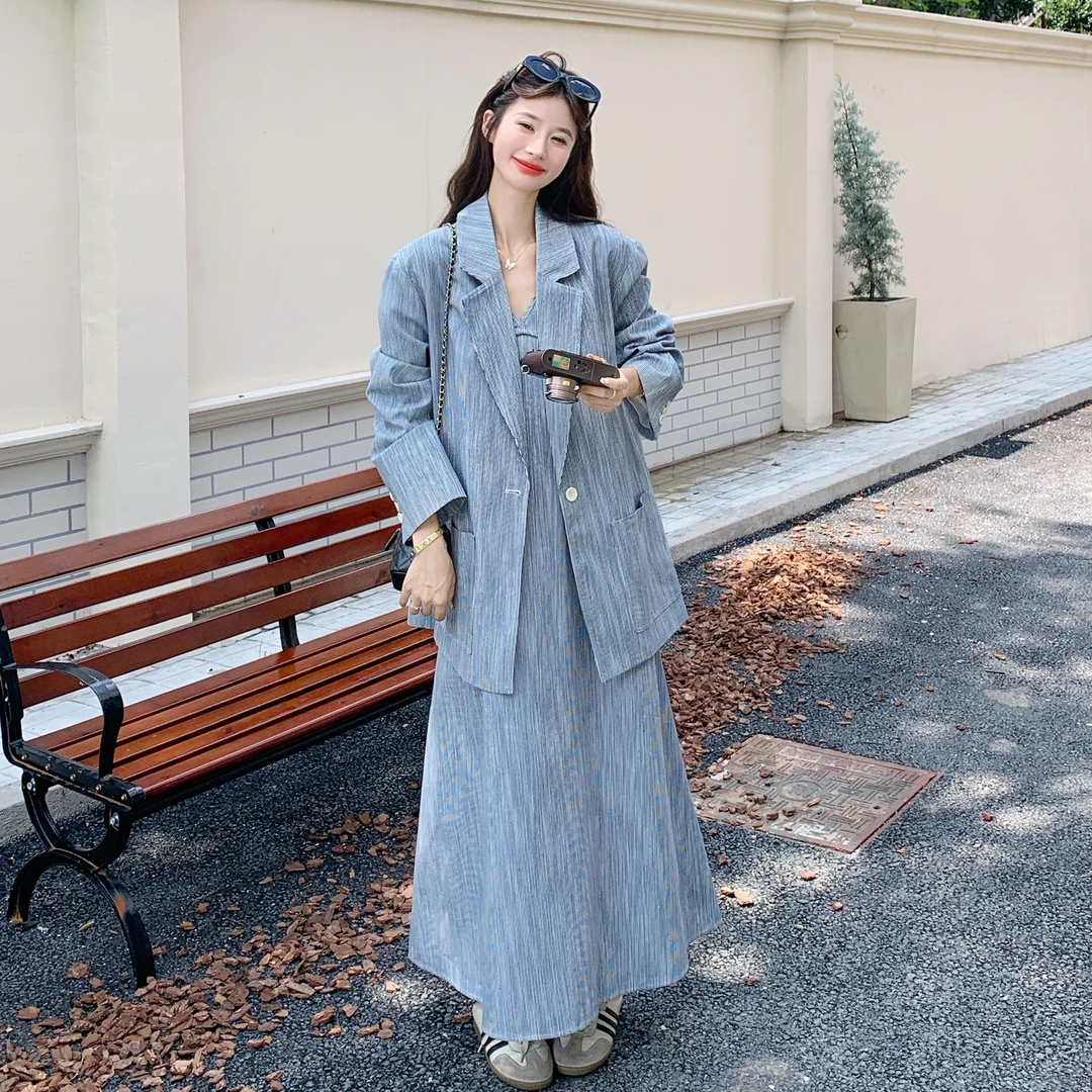 蓝色设计感条纹西装吊带连衣裙套装女2025年秋季高级感气质两件套