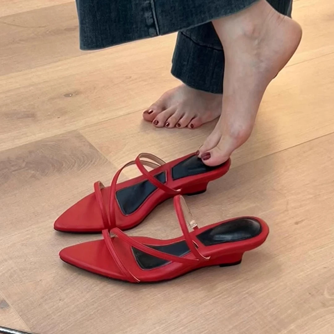 坡跟尖头拖鞋女外穿夏季新款法式气质绝美细带凉鞋厚底一字带凉拖