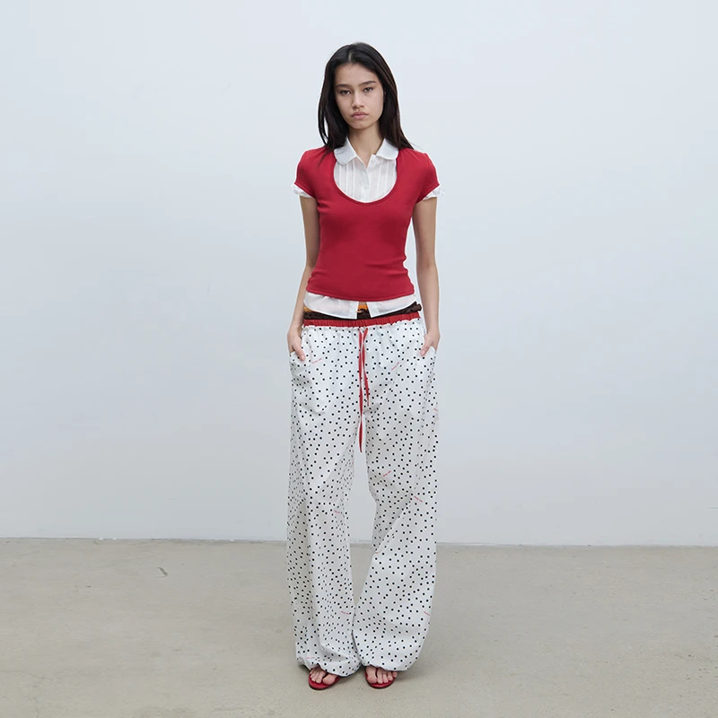 轻松撞色腰头可束脚印花长裤 涂鸦印花/波点印花