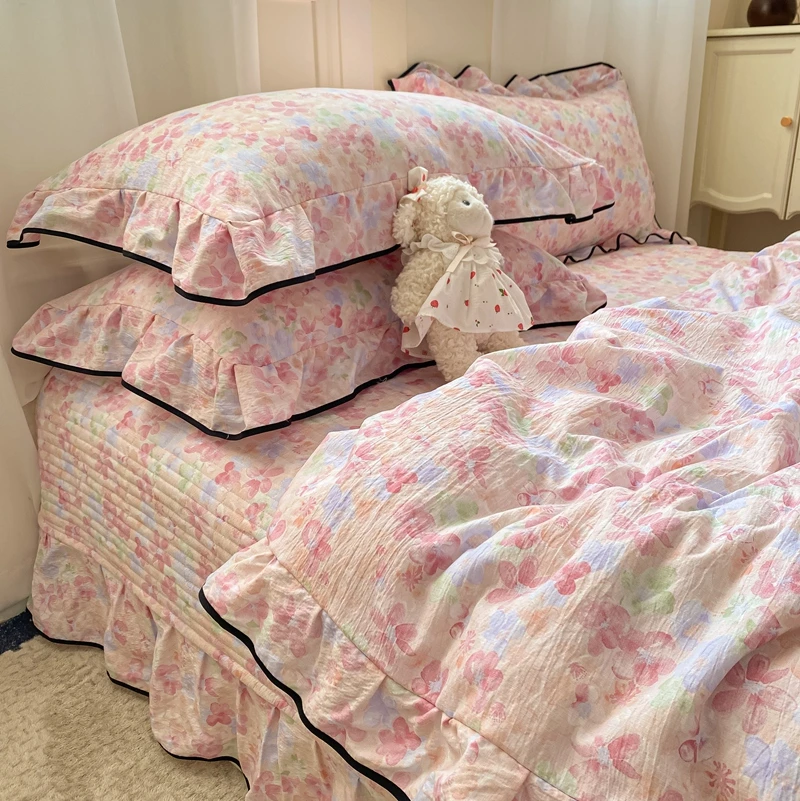 床盖四件套新款双层纱邹邹绵公主风绗缝花边款床盖夏被四件套