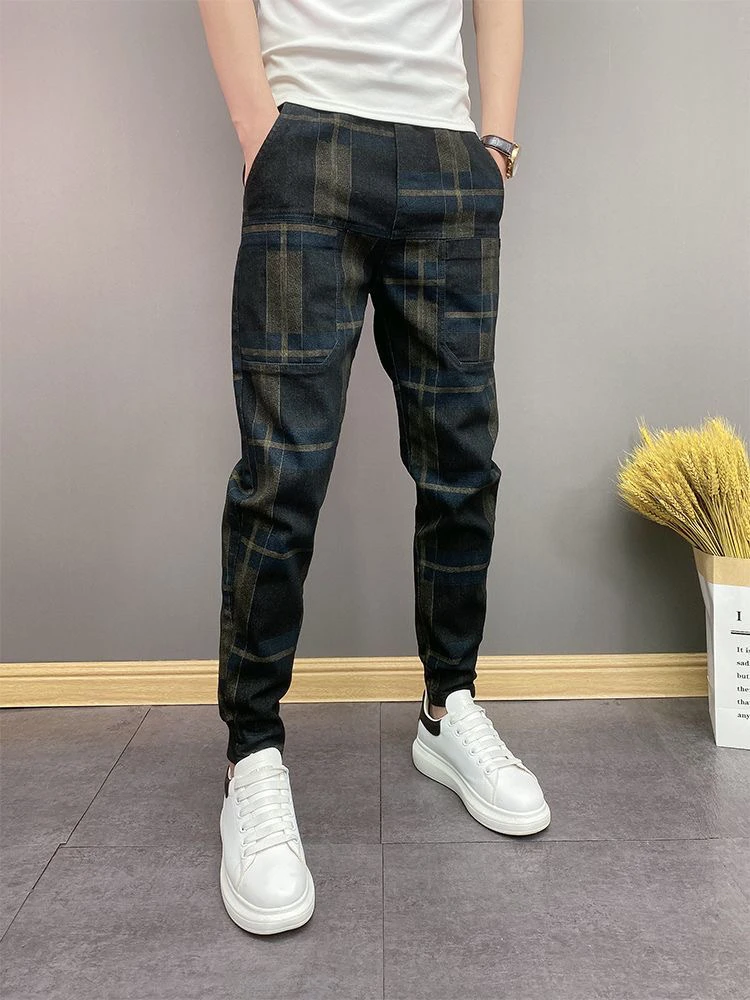 格子裤子男薄款九分裤潮流修身小脚休闲裤宽松束脚哈伦裤