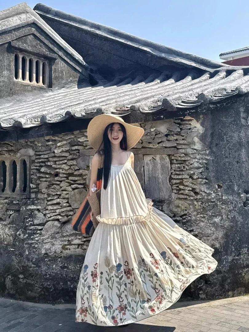 高腰少女韩系裙子长裙甜美法式洋装汉元素吊带夏季无袖连衣裙