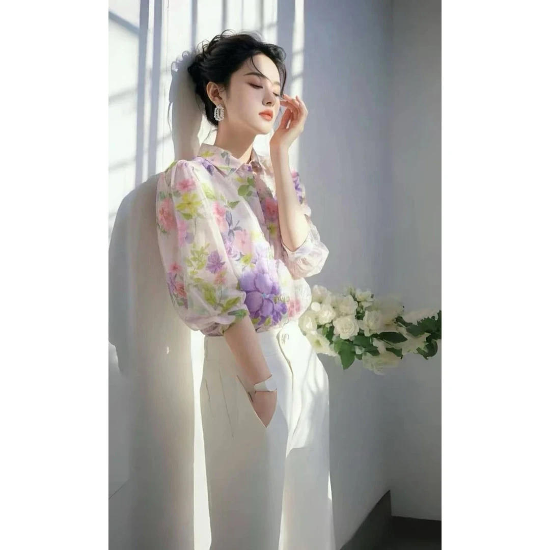 2025超火开春绝美小上衣高级感超好看独特漂亮紫色碎花雪纺衬衫女