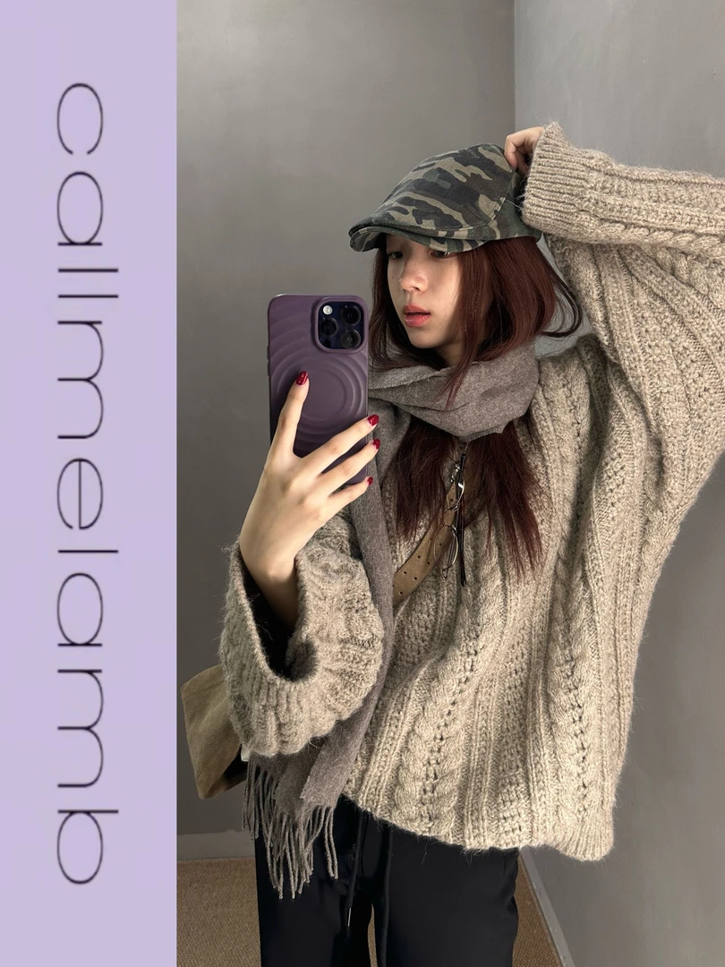 “慵懒麋鹿”独特的淡咖啡复古粗针绞花加厚套头大毛衣宽松上衣