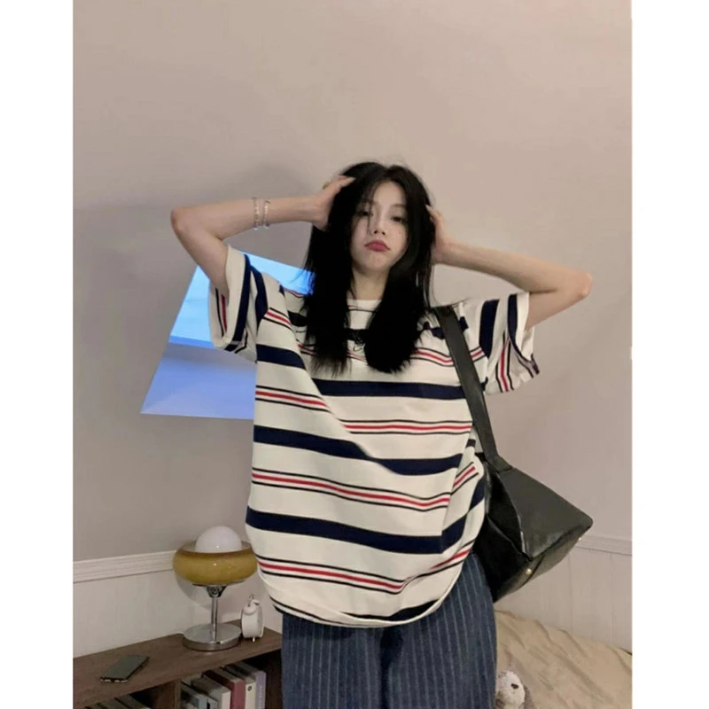 美式条纹短袖t恤女2025新款夏季宽松慵懒风半袖学生百搭上衣体恤