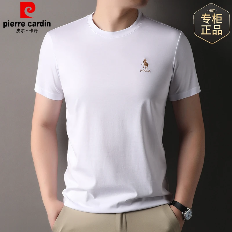皮尔卡丹男士短袖T恤2025年夏季新款简约圆领刺绣棉质体恤衫上衣