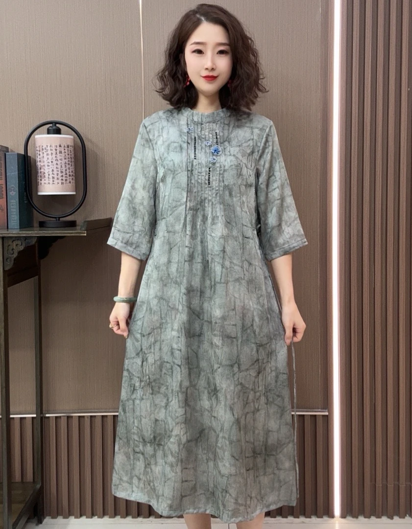 【灰雨】2024重磅香云纱风遮肉显瘦连衣裙时尚中国风新中式