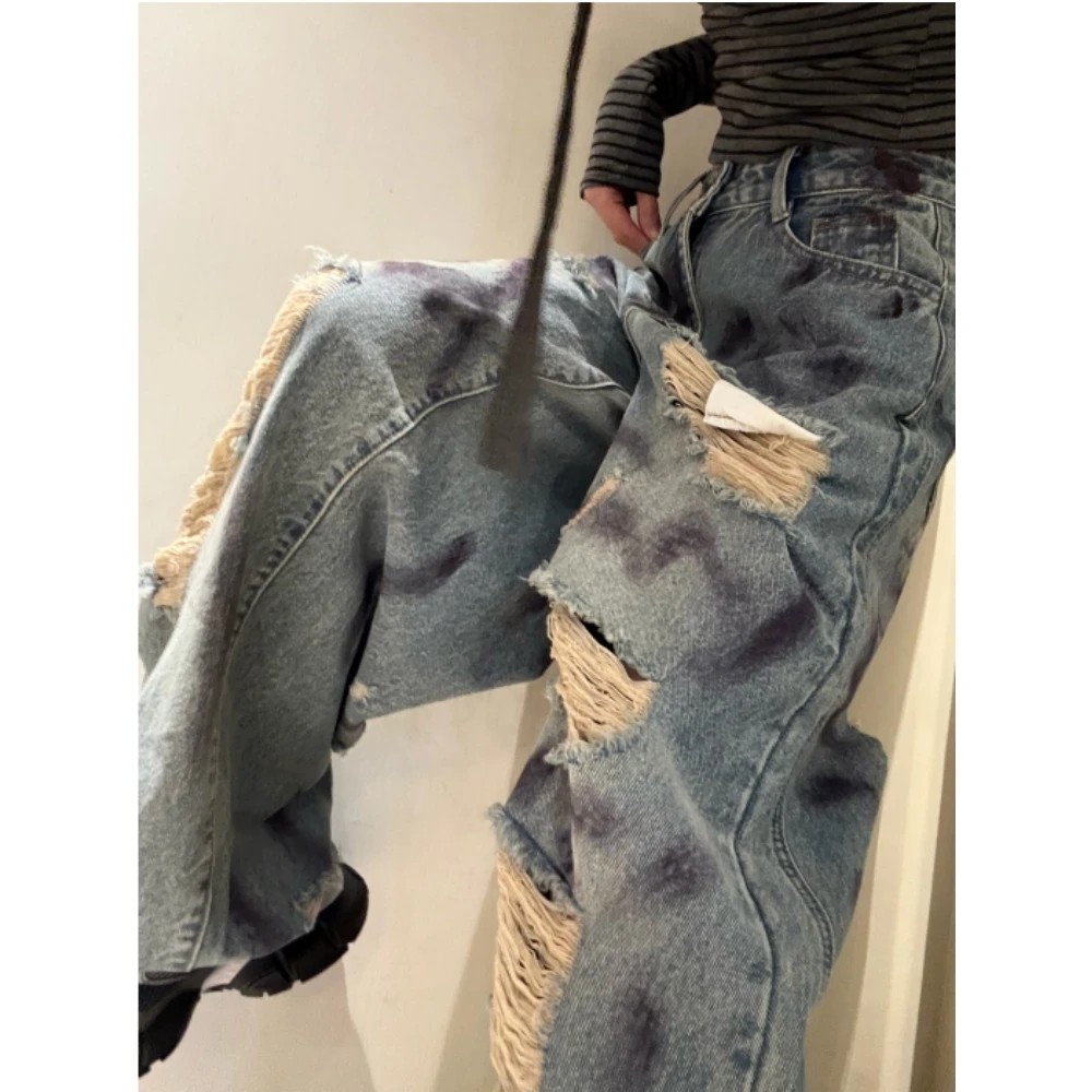 美式破洞拖地牛仔裤女辣妹高街设计感复古宽松慵懒阔腿裤