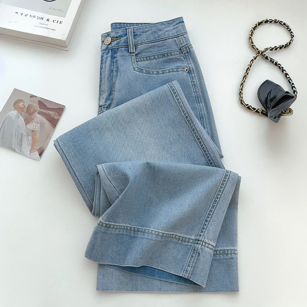 浅蓝色直筒牛仔裤女秋季2025新款高腰九分裤小个子显瘦窄版阔腿裤