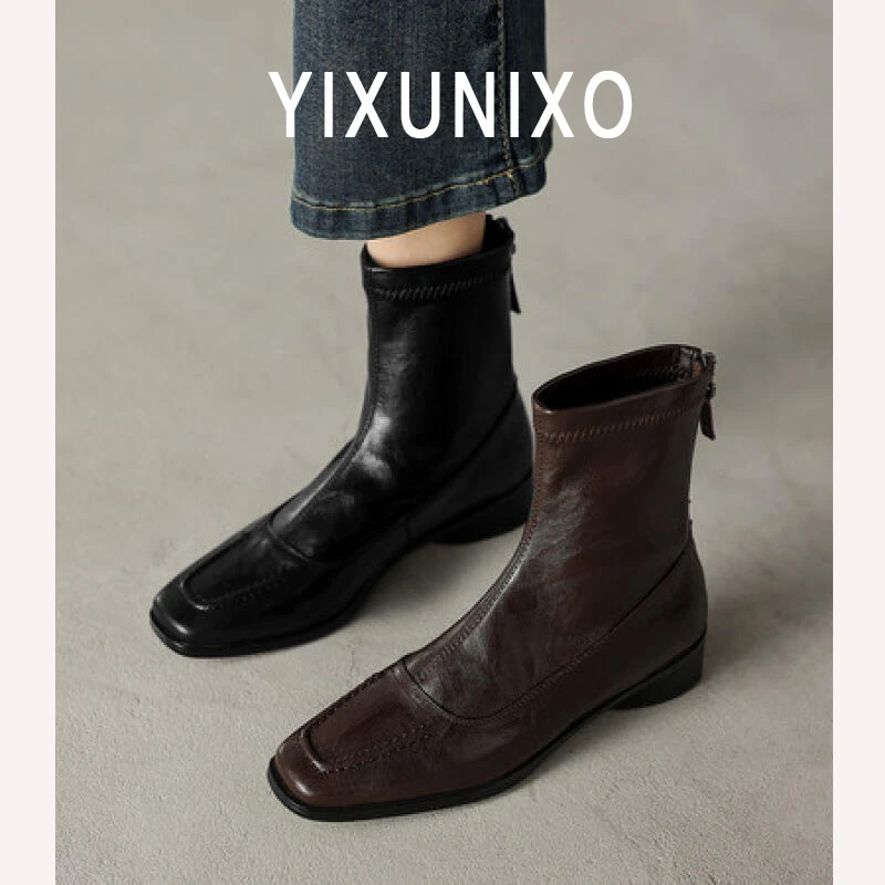 羊皮版~法式英伦风马丁靴女秋冬弹力靴方头粗跟短靴百搭瘦瘦靴女
