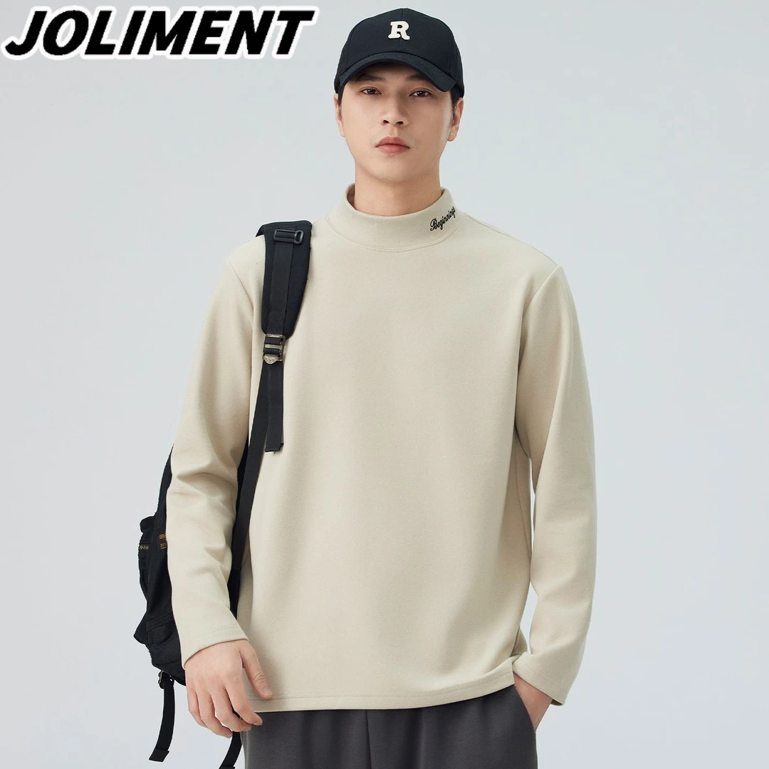 JOLIMENT重磅刺绣半高领长袖t恤男款秋季宽松纯色休闲套头打底衫