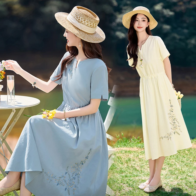 小清新法式中长款女装粉色夏季女裙圆领连衣裙短袖时尚显瘦2905