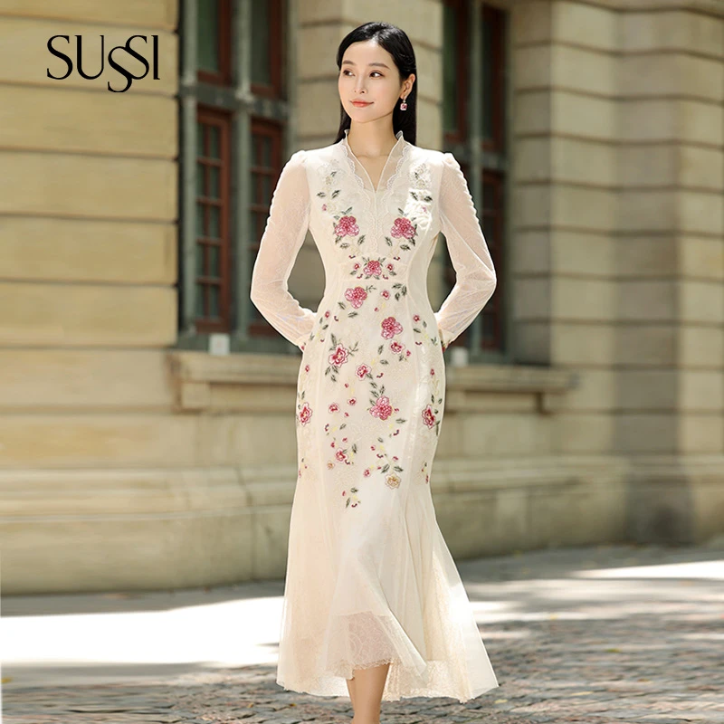 【古色.广府】SUSSI/古色24夏杏色刺绣轻奢高级优雅收腰鱼度假穿搭