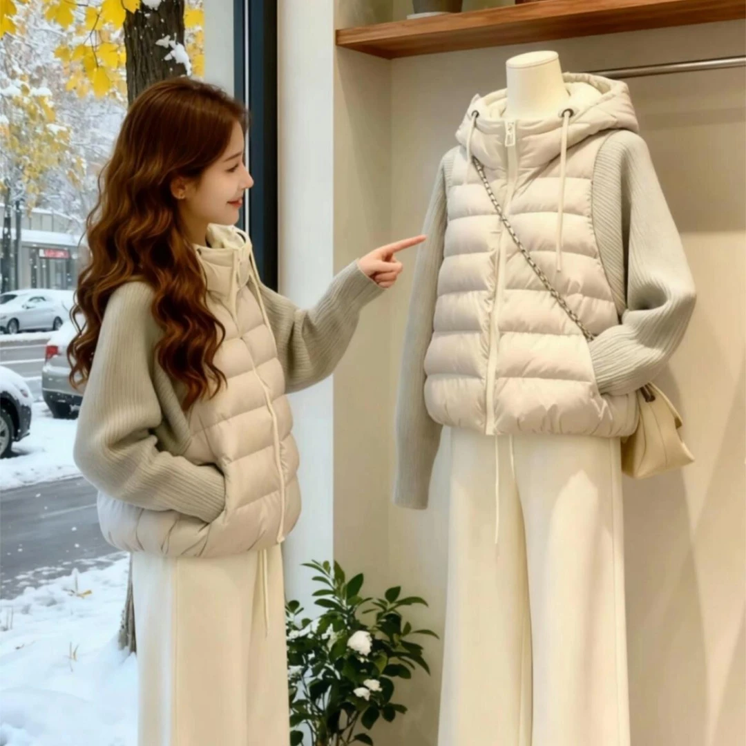 Ulzzang韩国轻薄针织拼接棉服女款2025冬季新款韩版假两件棉衣保