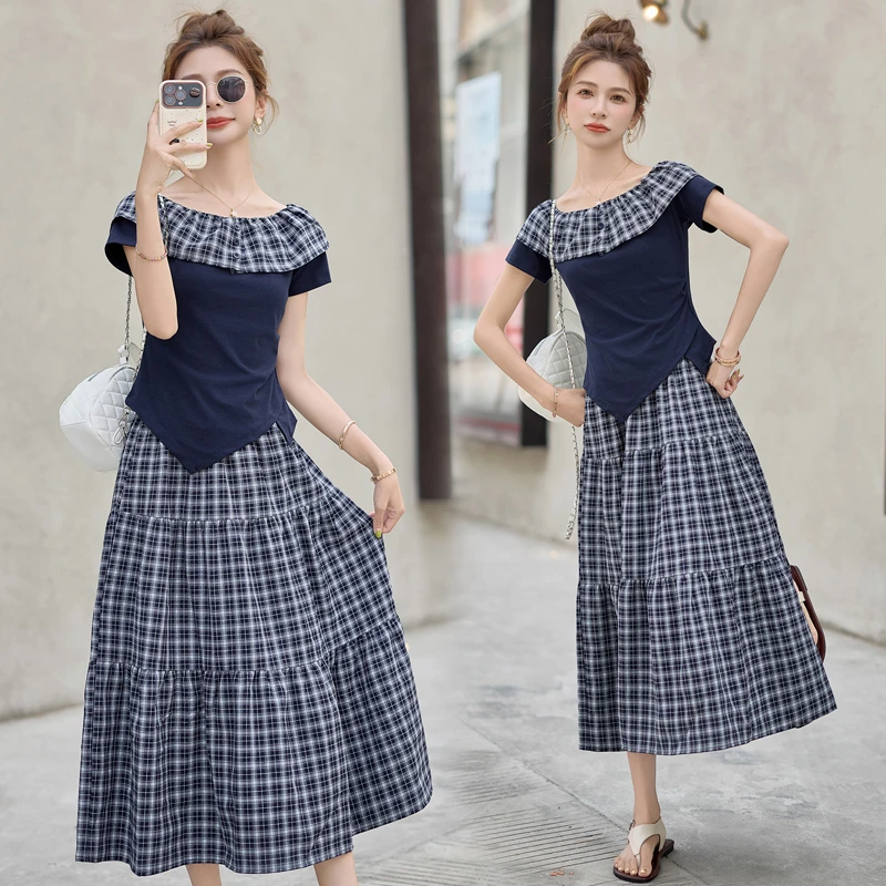 设计感格纹撞色拼接套装女2025夏季新款洋气减龄时尚半身裙两件套