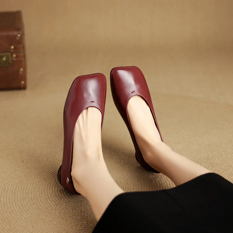 头层牛皮~2.5cm春秋浅口真皮单鞋女软底复古奶奶鞋舒适平底妈妈鞋