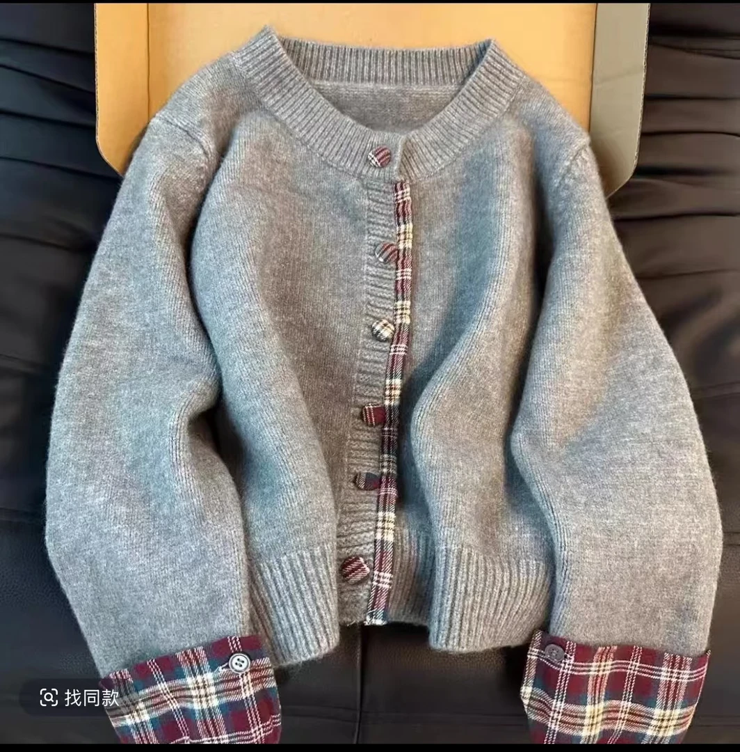 韩系时尚灰色拼接格子长袖毛衣开衫女软糯针织设计上衣百搭