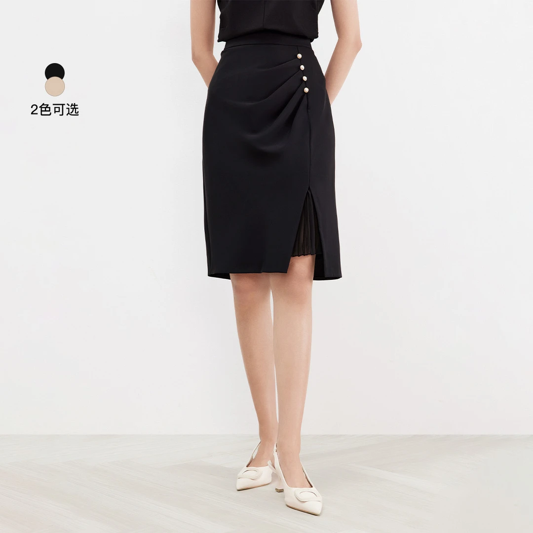 【羊羊专属】妍妍甄选夏季气质钉珠百搭直筒中款开叉半身裙子女