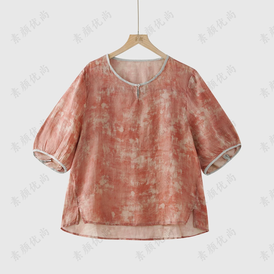 【素颜】2025夏季新款色织麻轻薄百搭中袖圆领上衣