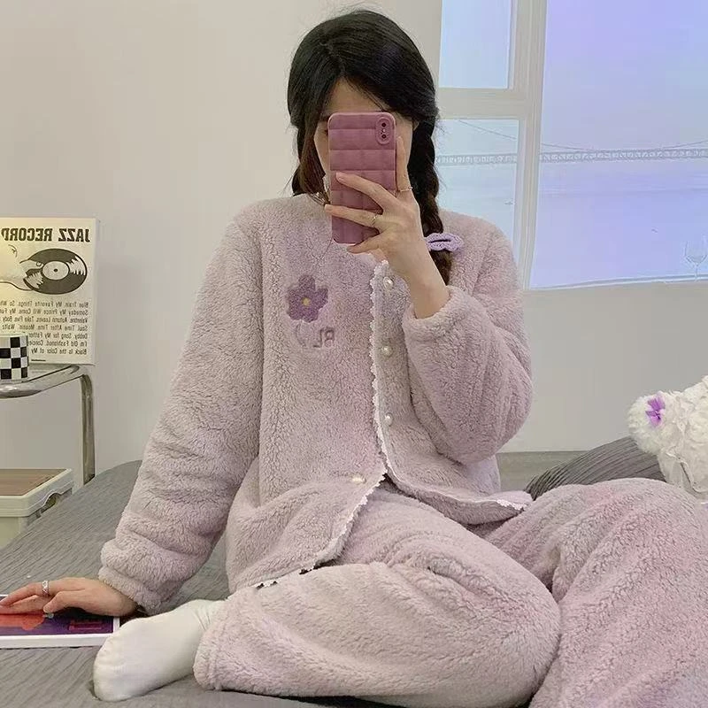 【专柜清货价】加绒睡衣秋冬季甜美小香风珊瑚绒睡衣开衫法兰绒