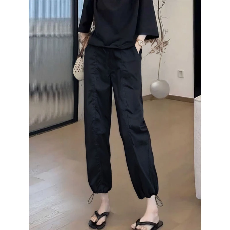 2025高腰松紧阔腿裤夏款女韩系小众宽松休闲裤通勤哈伦束脚九分裤