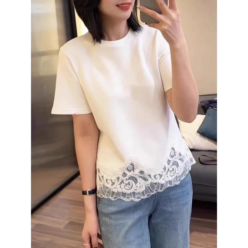 夏季宽松透气白色正肩短袖t恤女2025新款超好看独特漂亮蕾丝上衣