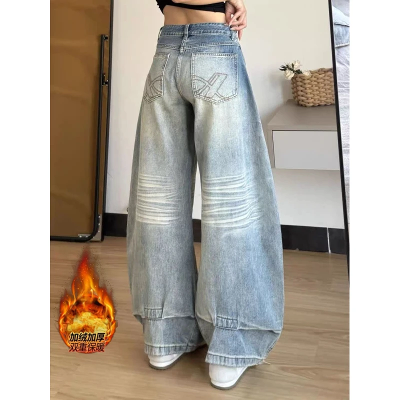 设计感美式弯刀加绒牛仔裤女2025秋冬新款低腰显瘦宽松阔腿拖地裤