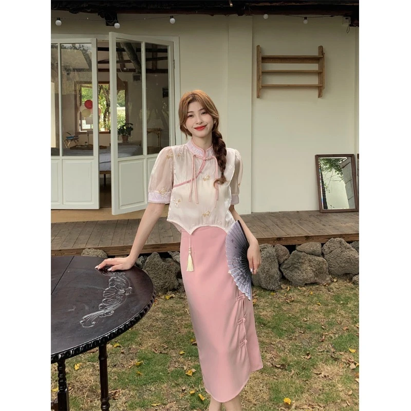 新款ZH00009新中式少女粉新中式套装旗袍国风穿搭夏季