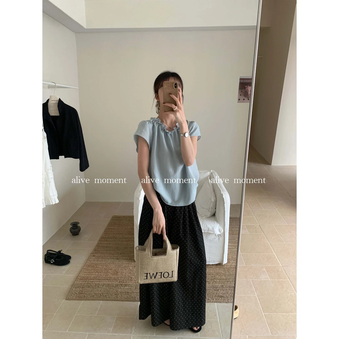 70012#【上身绝了！】韩系木耳边纯色简约百搭显瘦小衫